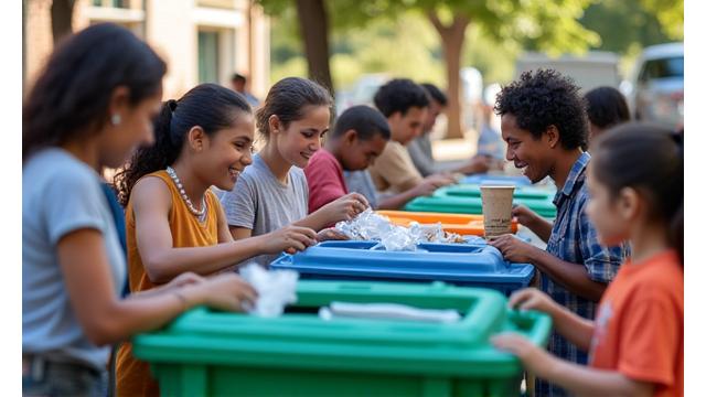 Diverse community members participating in a recycling program