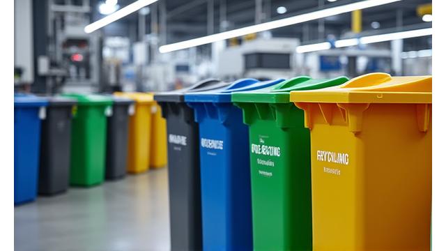 Modern manufacturing facility with waste sorting bins